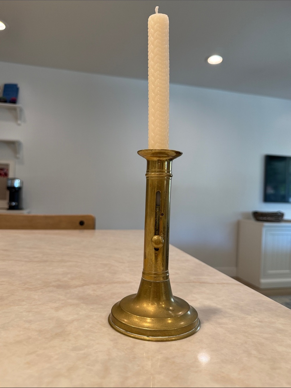 Brass Adjustable Candlestick Holder with White Taper Candle